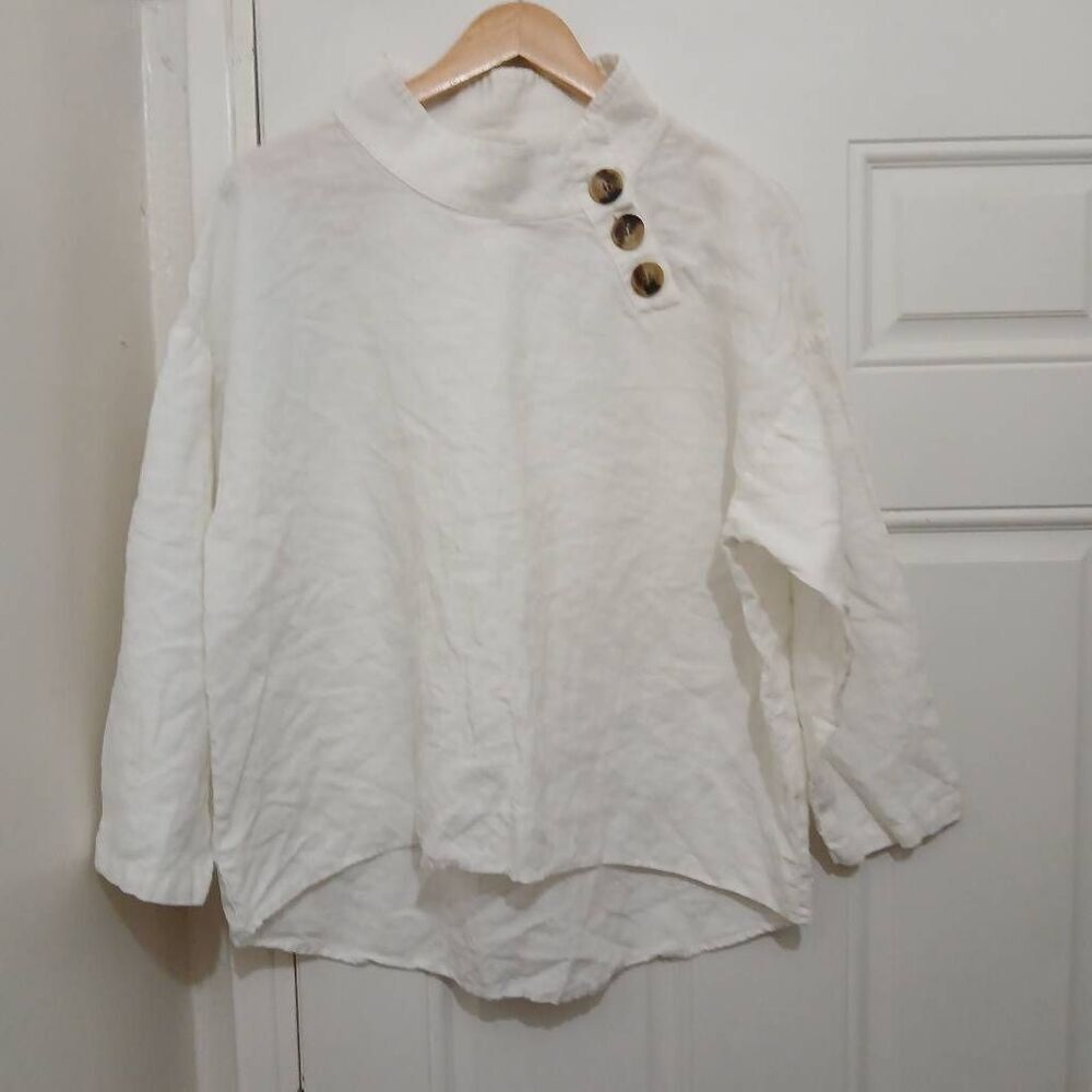 Zara womens large linen mockneck white drop sleeve shirt Popover